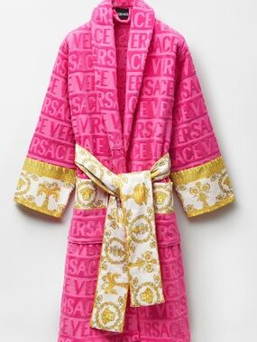 Versace Unisex Hot Pink Logo Terry Robe with Gold Baroque Size L New with Box